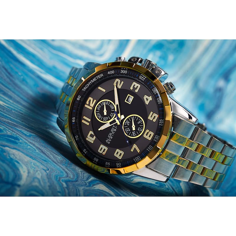 August Steiner Men's Swiss Quartz Multifunction Tachymeter Stainless Steel Two-Tone Bracelet Watch