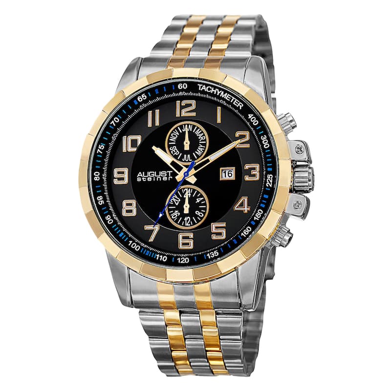 August Steiner Men's Swiss Quartz Multifunction Tachymeter Stainless Steel Two-Tone Bracelet Watch
