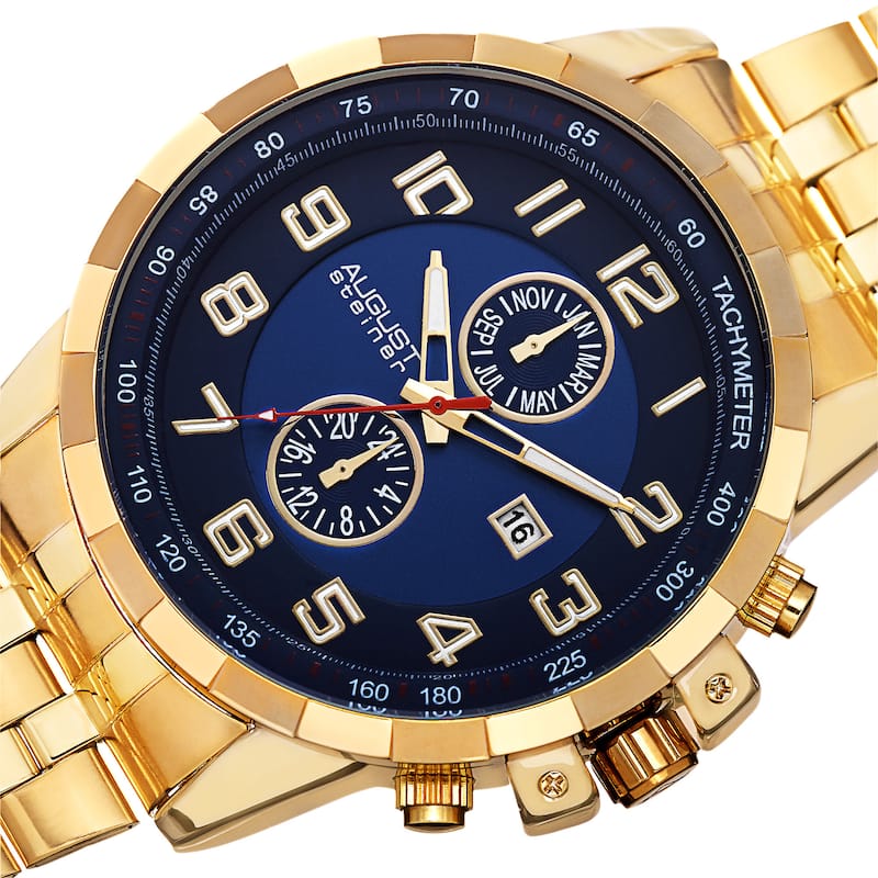August Steiner Men's Swiss Quartz Multifunction Tachymeter Stainless Steel Gold-Tone Bracelet Watch