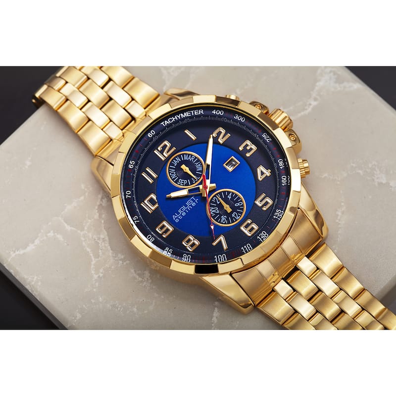 August Steiner Men's Swiss Quartz Multifunction Tachymeter Stainless Steel Gold-Tone Bracelet Watch