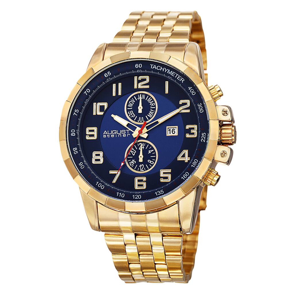 August Steiner Men's Swiss Quartz Multifunction Tachymeter Stainless Steel Gold-Tone Bracelet Watch