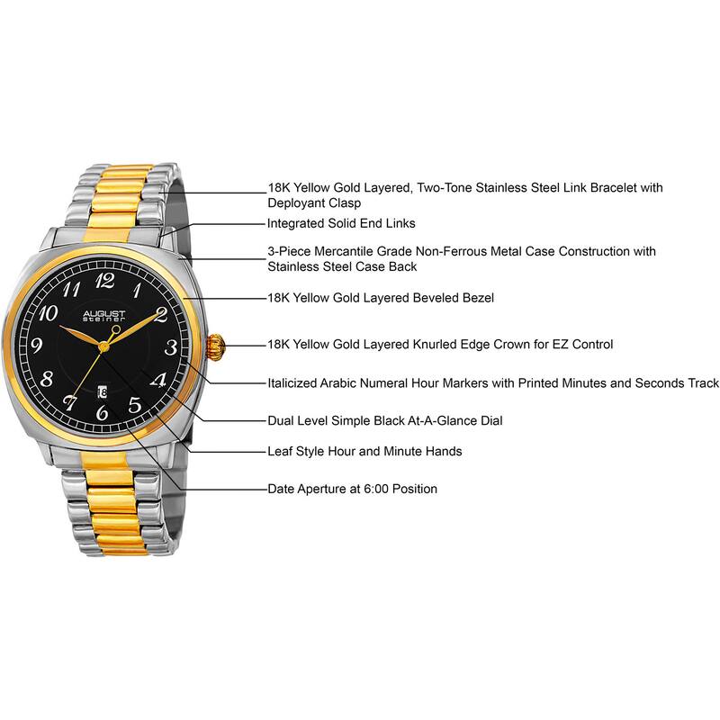August Steiner Men's Swiss Quartz Arabic Numerals Stainless Steel Two-Tone Bracelet Watch