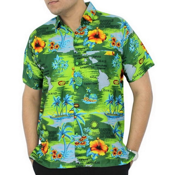 La Leela Green HAWAII PARADISE Printed Beach Swim Camp Hawaiian Shirt ...