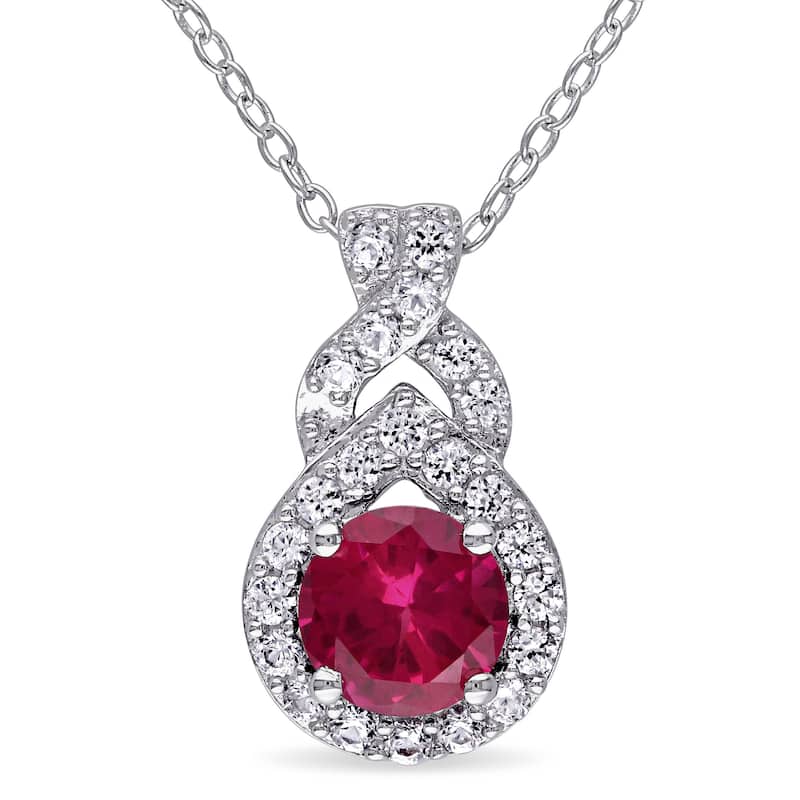 Miadora Sterling Silver Created Ruby and Created White Sapphire Halo Drop Necklace