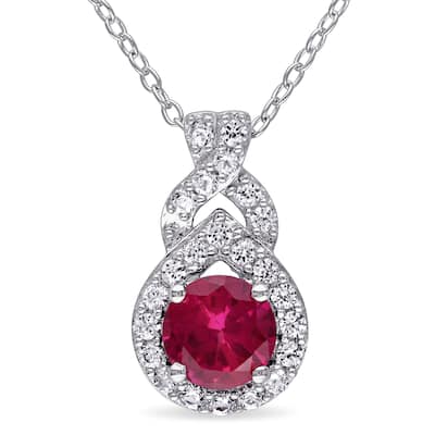 Miadora Sterling Silver Created Ruby and Created White Sapphire Halo Drop Necklace