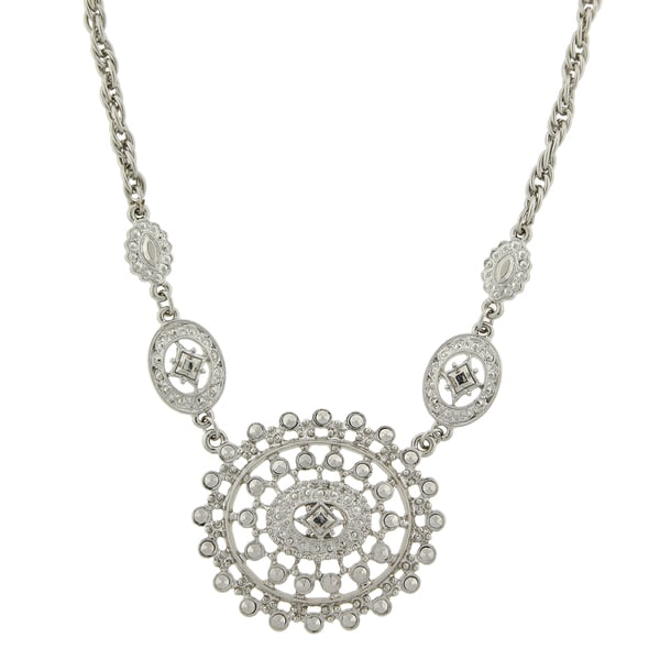 1928 Jewelry Art Deco inspired Silvertone Medallion Charm Bib Necklace