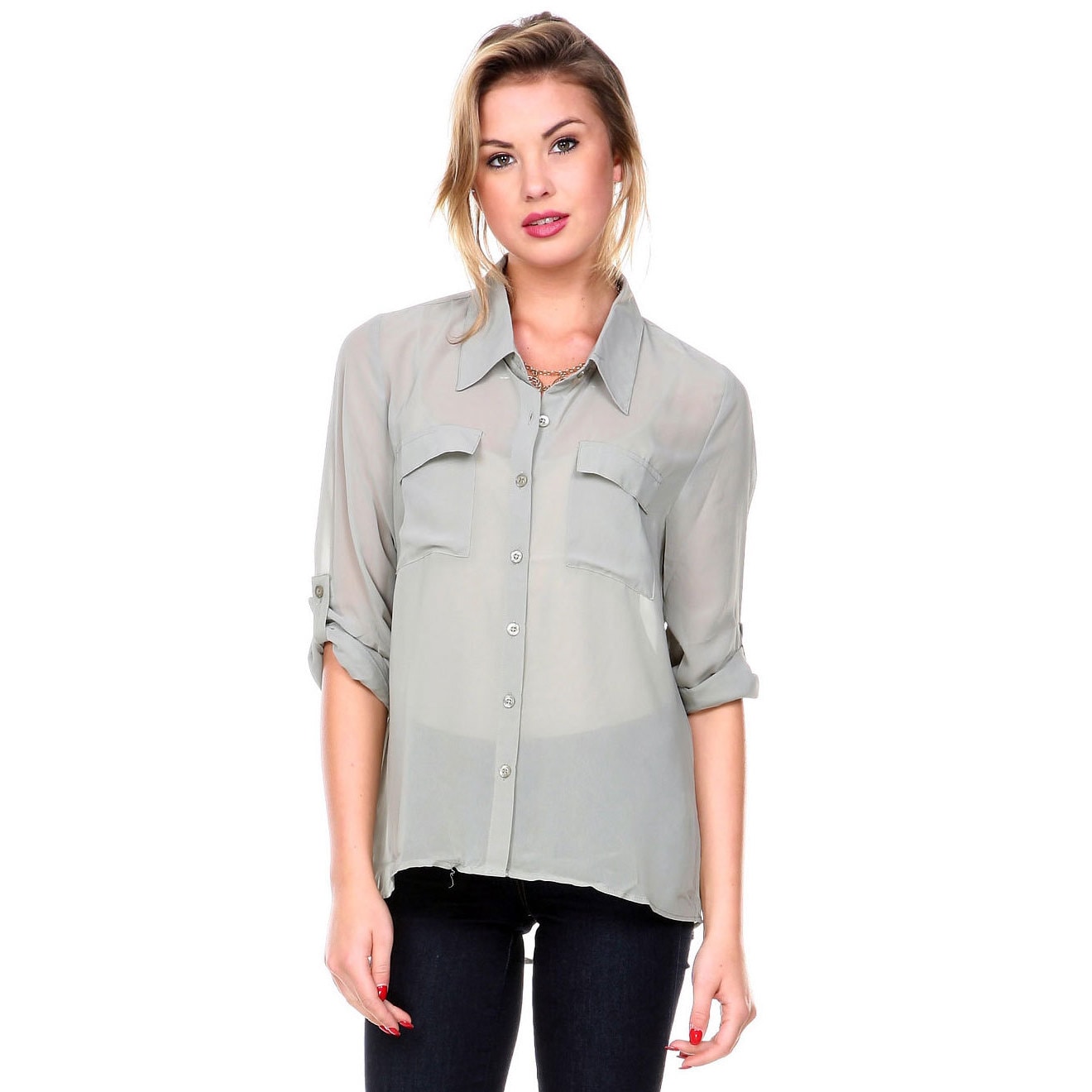 Stanzino Womens Long Sleeve Button Down Chiffon Shirt  