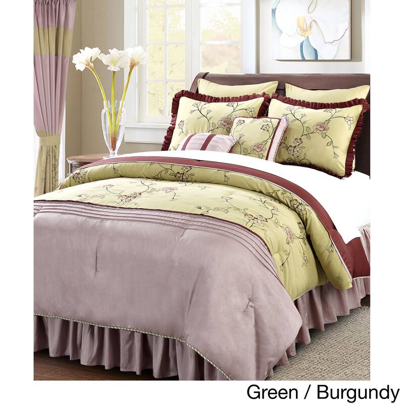 Serenta Terrace Embroidered 12-piece Comforter Set - Green/Red - Queen - Designer/Modern & Contemporary