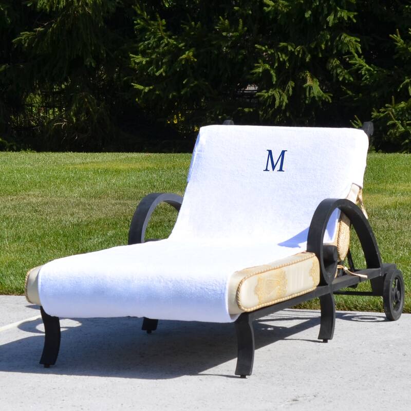 Authentic Hotel and Spa Turkish Cotton Monogrammed Towel Cover for Standard Size Chaise Lounge Chair - White/M
