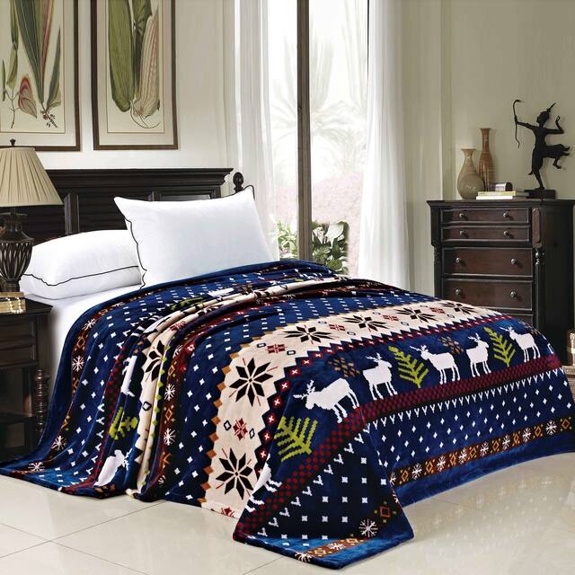 Serenta Printed Christmas Flannel Fleece Blanket - queen (90" x 90") - Blue Christmas Deer