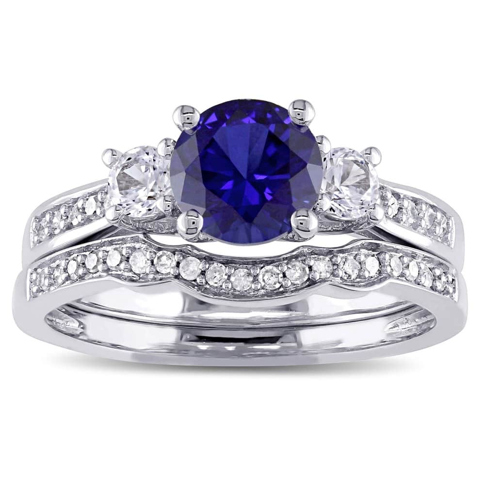 Miadora 10k White Gold Created Sapphire 1/6ct TDW Diamond Bridal Set