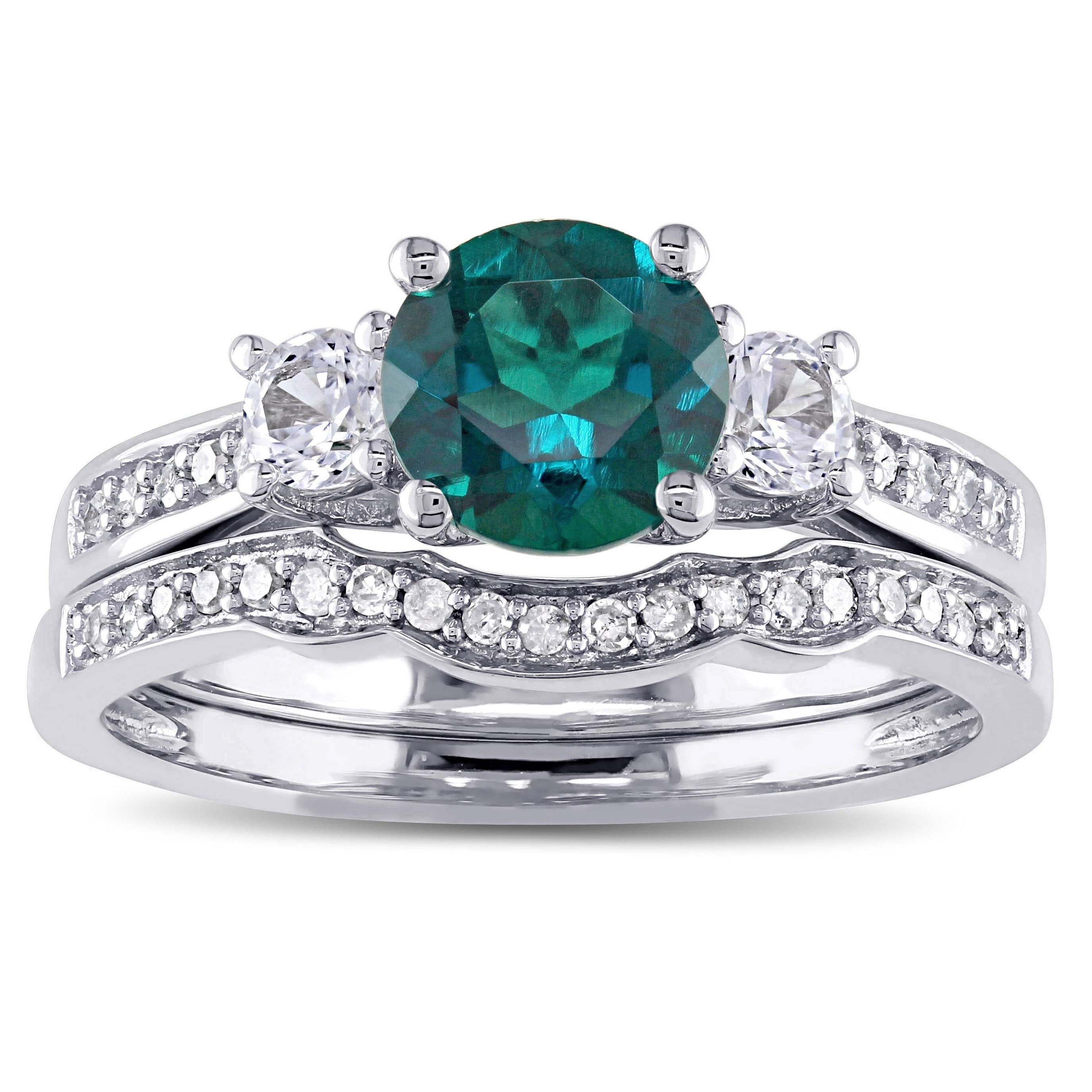 Miadora 10k White Gold Created Emerald, White Sapphire, and Diamond 1/6ct TDW Bridal Ring Set (G-H, I2-I3) - Green