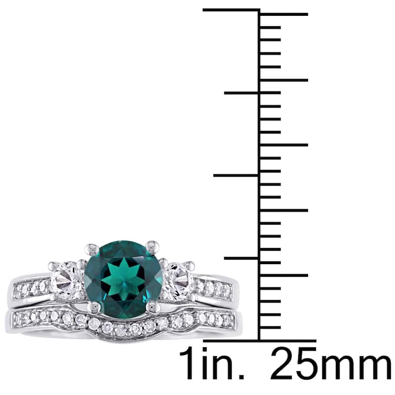Miadora 10k White Gold Created Emerald, White Sapphire, and Diamond 1/6ct TDW Bridal Ring Set (G-H, I2-I3) - Green