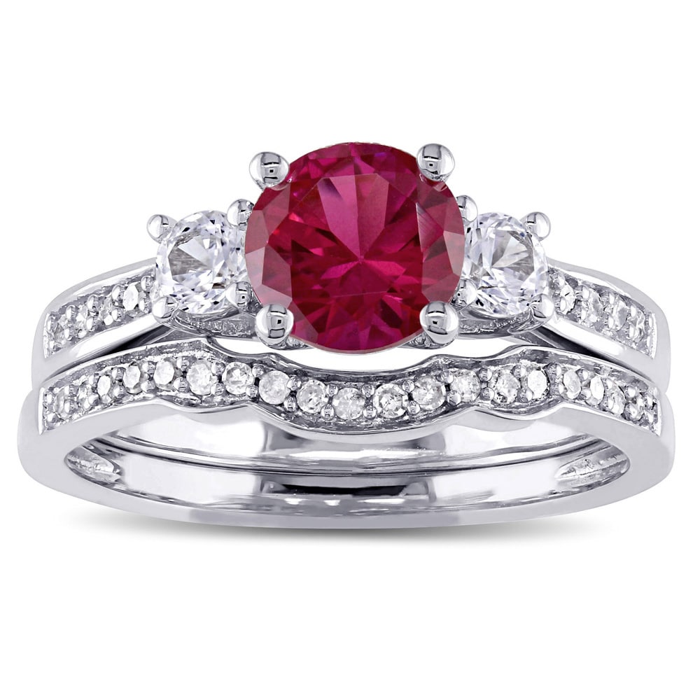 Miadora 10k White Gold Created Ruby and White Sapphire and 1/6ct TDW Diamond 3-stone Bridal Ring Set