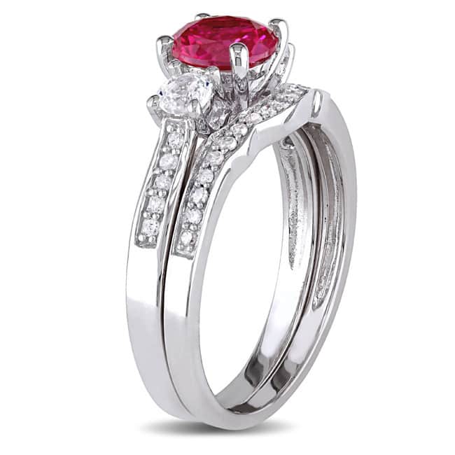 Miadora 10k White Gold Created Ruby and White Sapphire and 1/6ct TDW Diamond 3-stone Bridal Ring Set