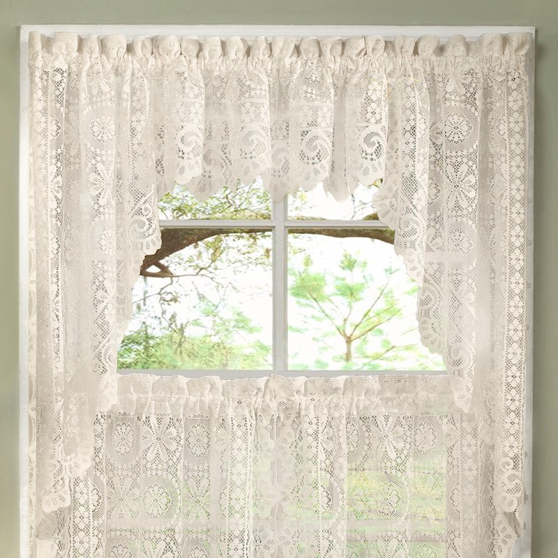 Luxurious Old World Style Lace Kitchen Curtains- Tiers OR Valance in Cream - Swag Valance, cream