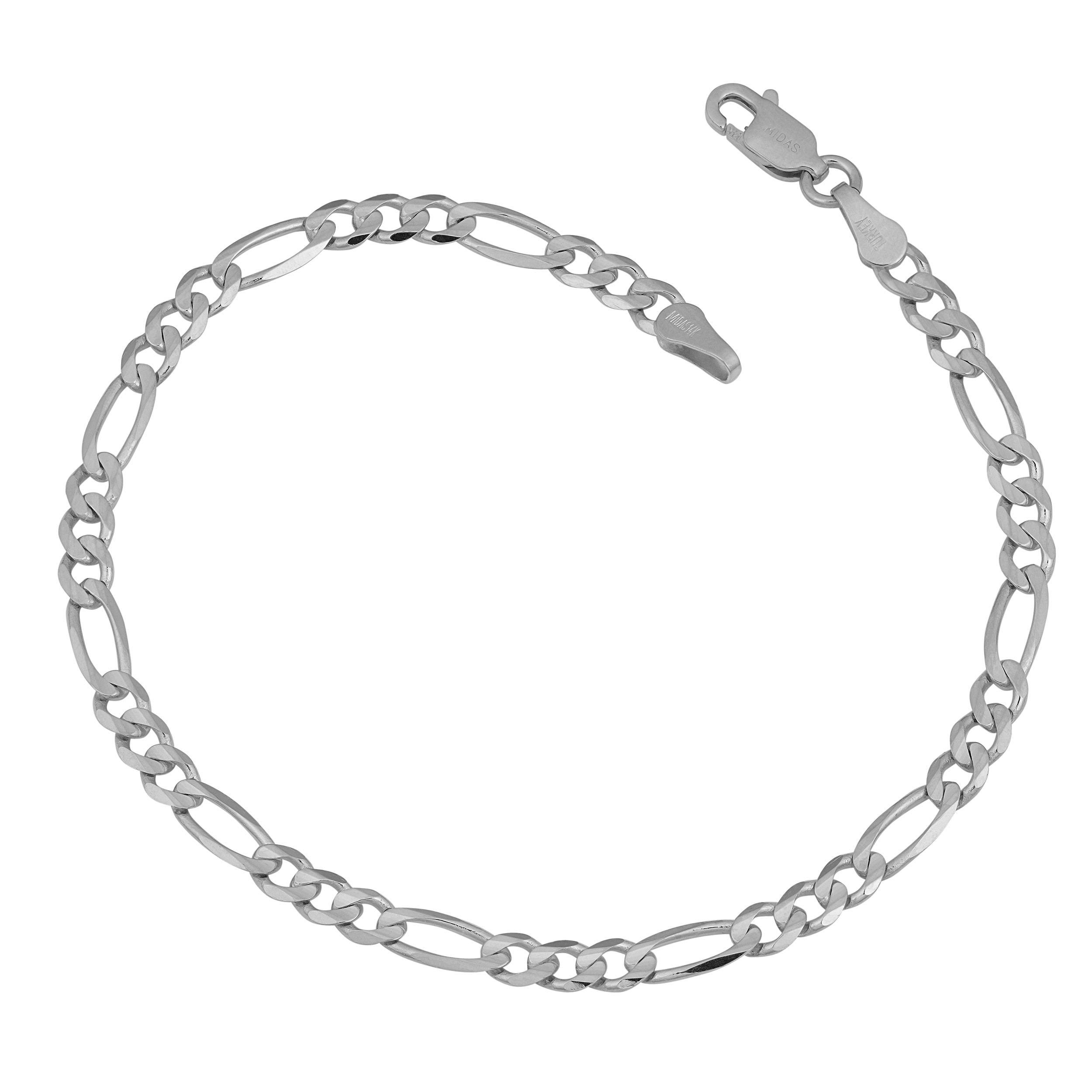 14K White Gold Polished ID with Semi-Solid Figaro Bracelet 8 inches
