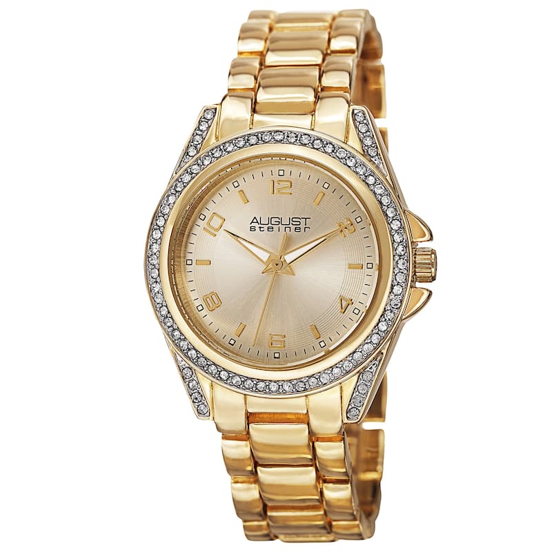August Steiner Women's Quartz Crystal-Accented Bezel Gold-Tone Bracelet Watch