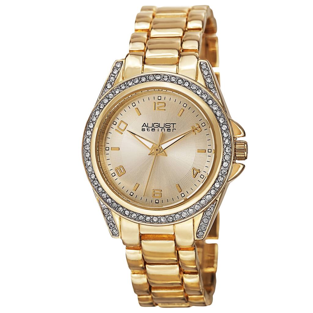 August Steiner Women's Quartz Crystal-Accented Bezel Gold-Tone Bracelet Watch