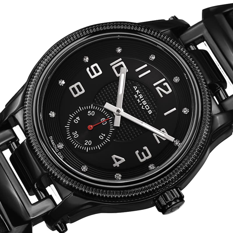 Akribos XXIV Men's Quartz Diamond-Accented Bold Leather Black Strap Watch