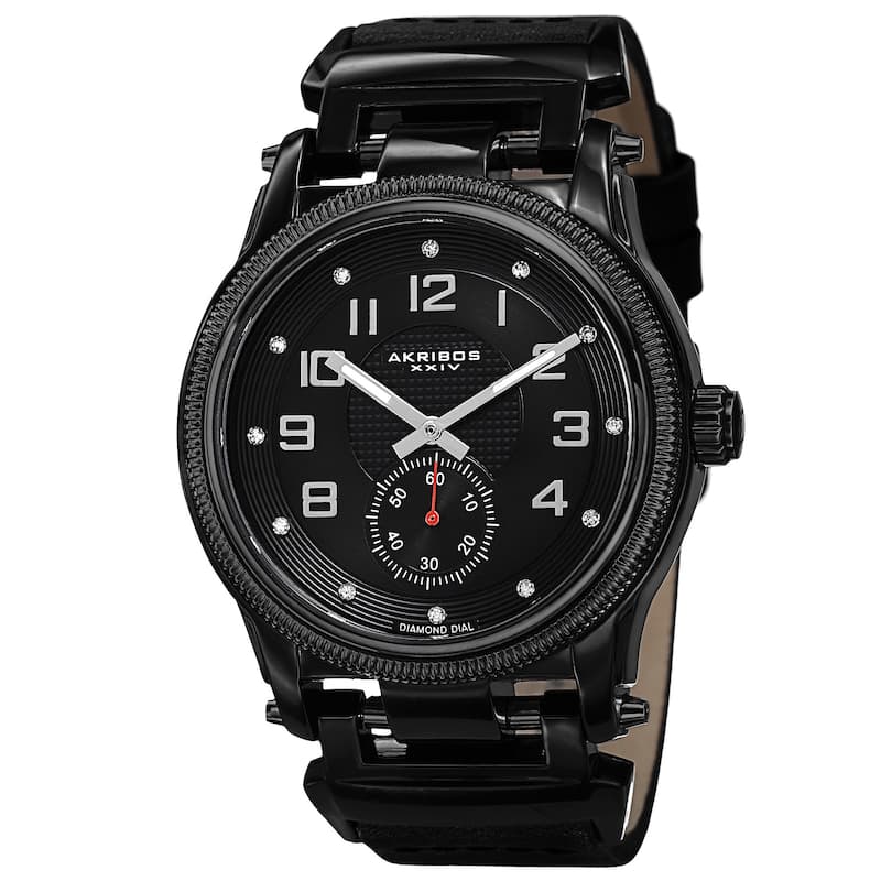 Akribos XXIV Men's Quartz Diamond-Accented Bold Leather Black Strap Watch