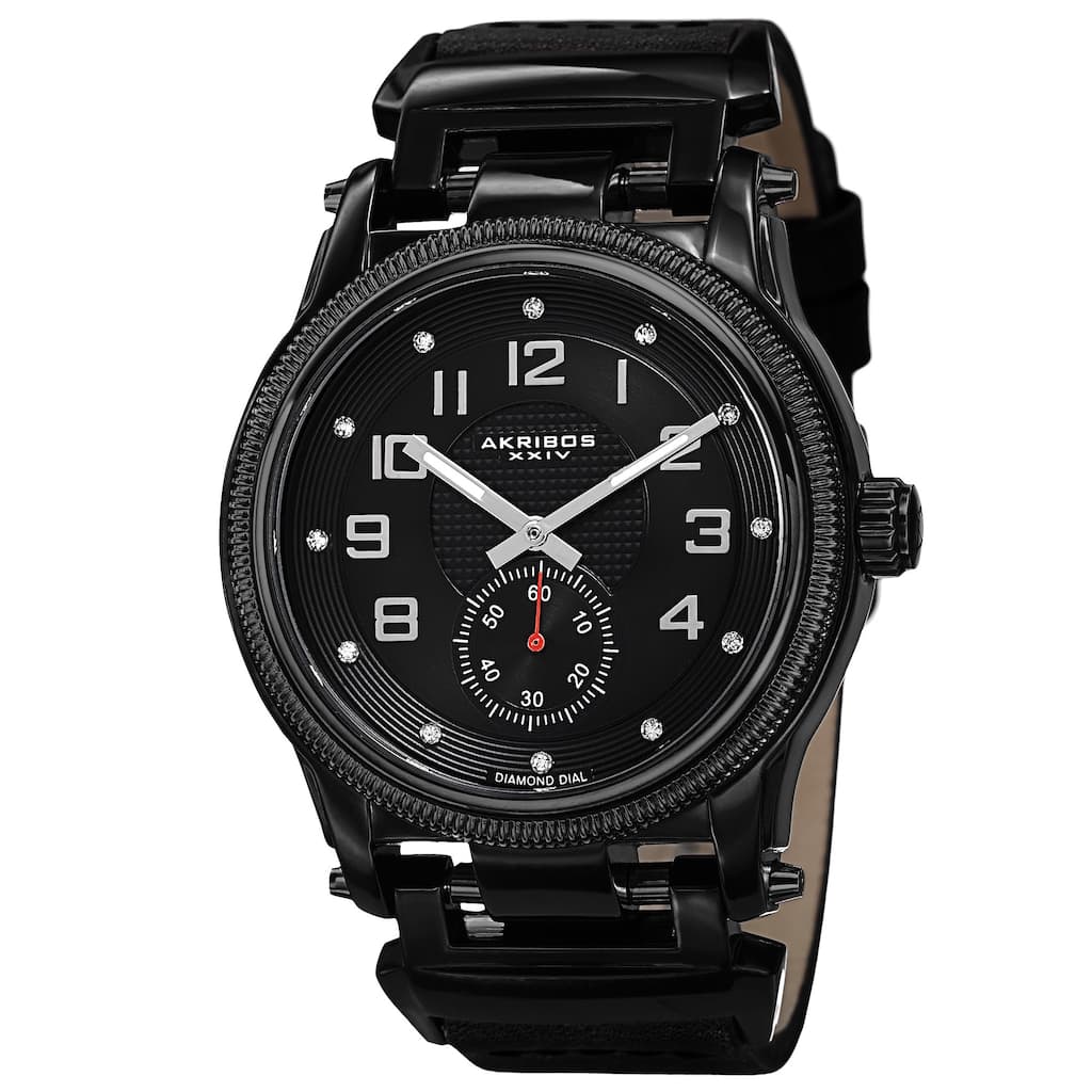Akribos XXIV Men's Quartz Diamond-Accented Bold Leather Black Strap Watch