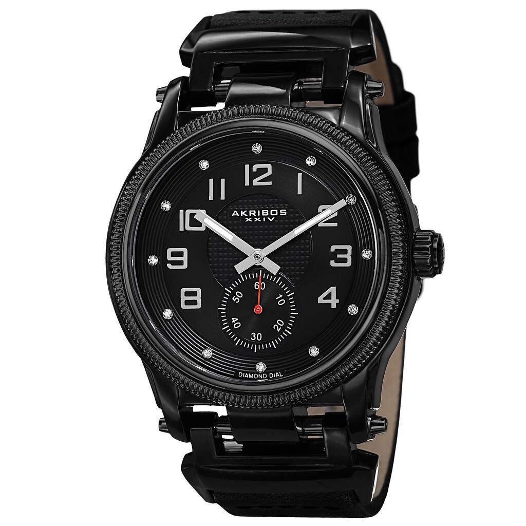 Akribos XXIV Men's Quartz Diamond-Accented Bold Leather Black Strap Watch