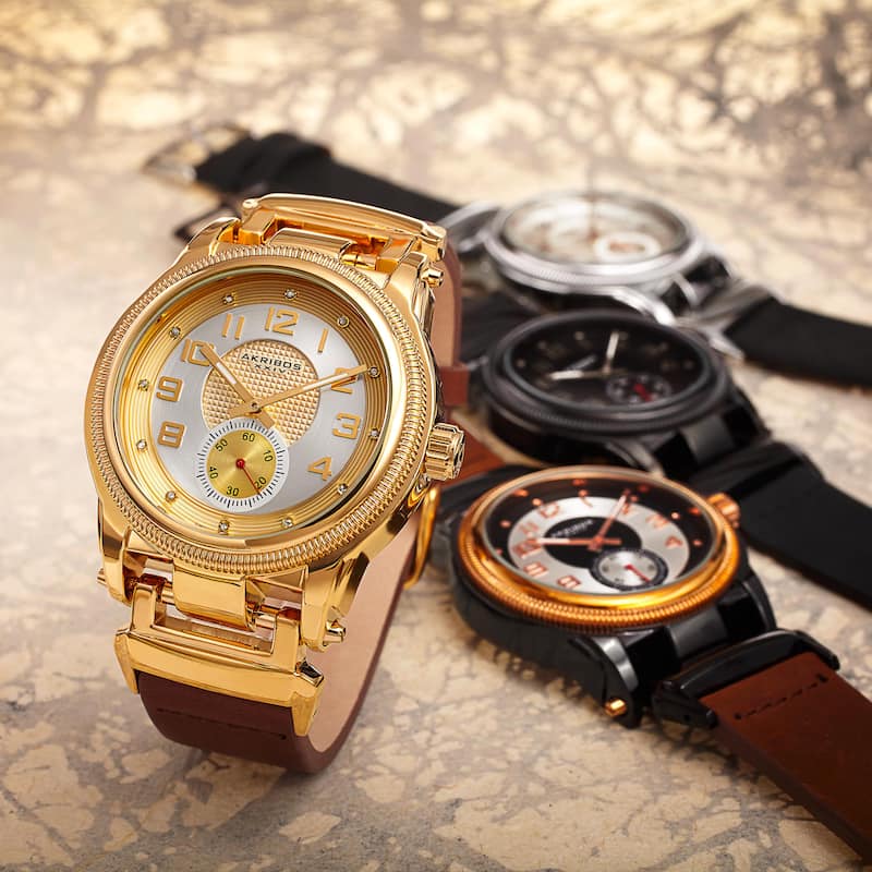 Akribos XXIV Men's Quartz Diamond-Accented Bold Watch with Leather Strap