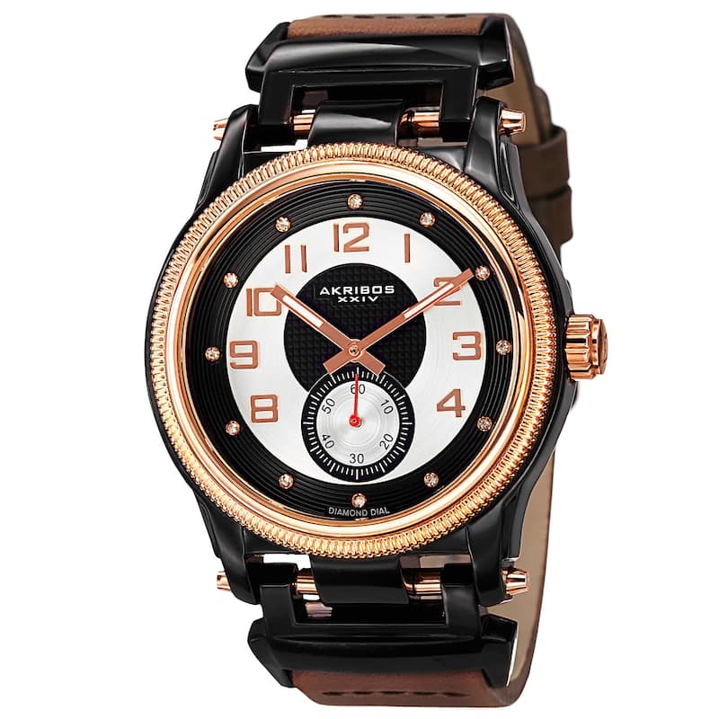 Akribos XXIV Men's Quartz Diamond-Accented Bold Watch with Leather Strap