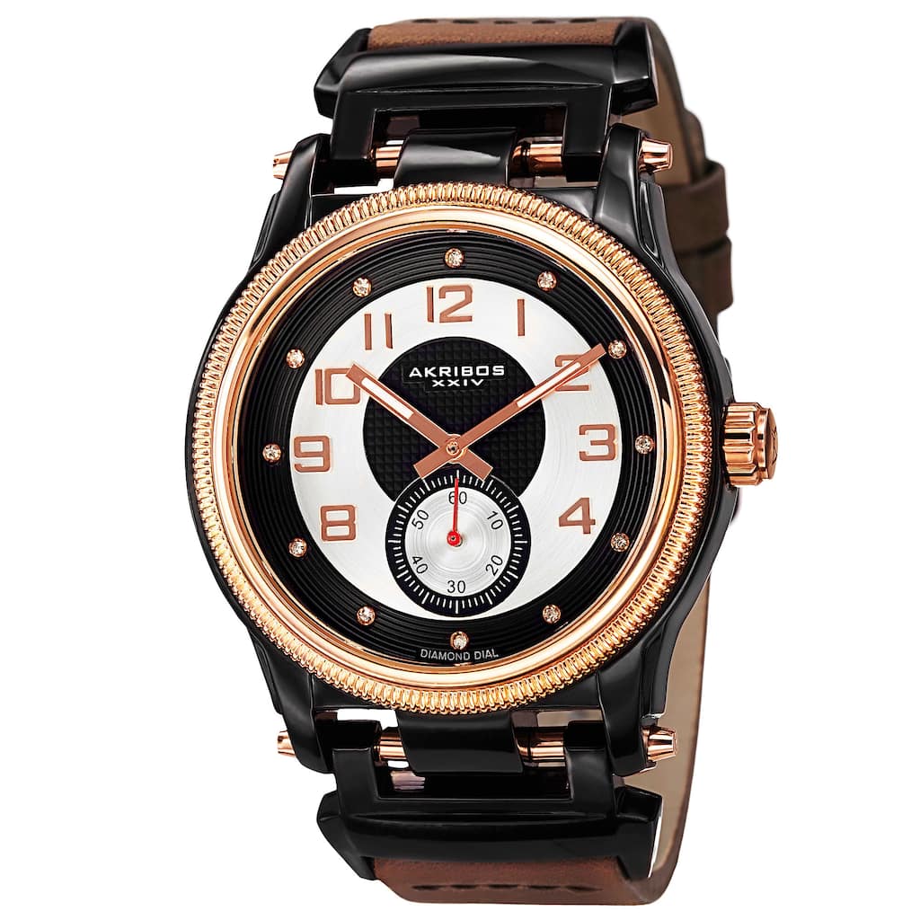Akribos XXIV Men's Quartz Diamond-Accented Bold Watch with Leather Strap