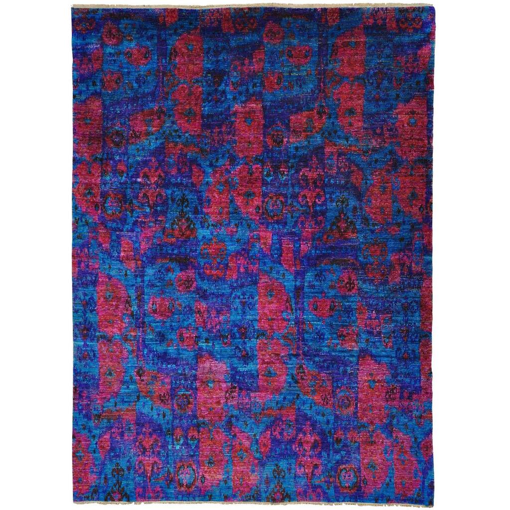 Hand-knotted Sari Silk Oriental Navy Blue Ikat Design Area Rug - Multi - 9' x 12'1