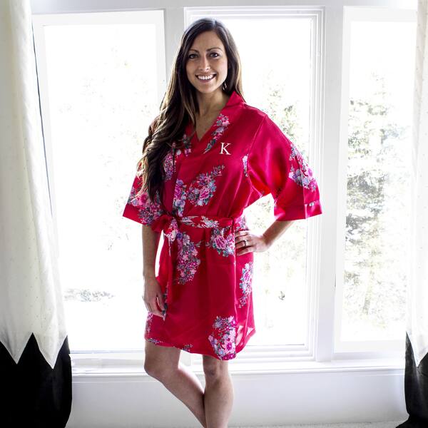 Personalized Red Floral Satin Robe - Bed Bath & Beyond - 10052904