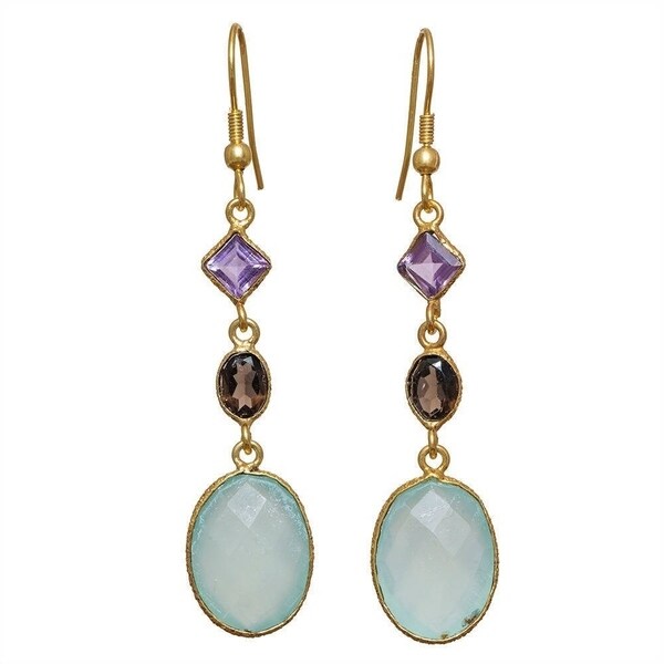 Handmade Gold Overlay Aqua Chalcedony Earrings (India). Opens flyout.