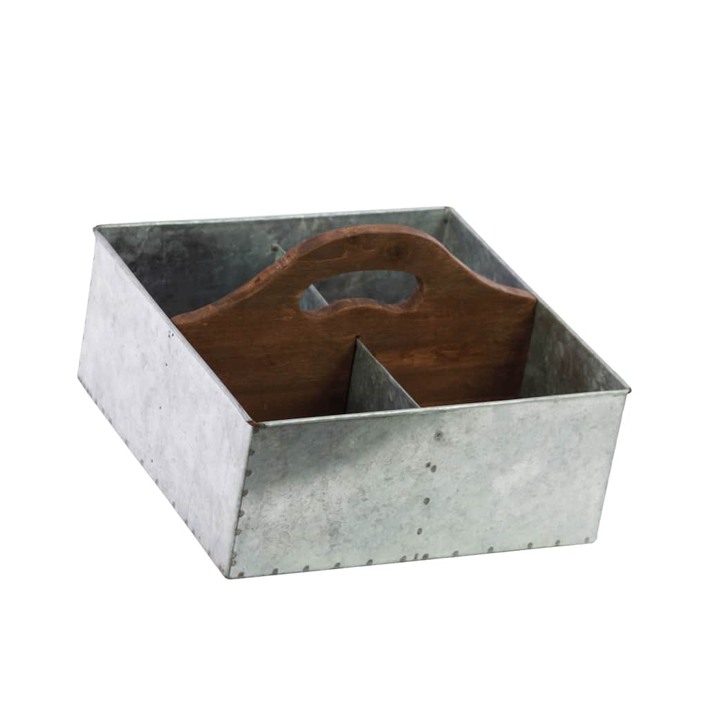 Galvanized Zinc Metal Storage with Wood Hole Handle and 4 Slots