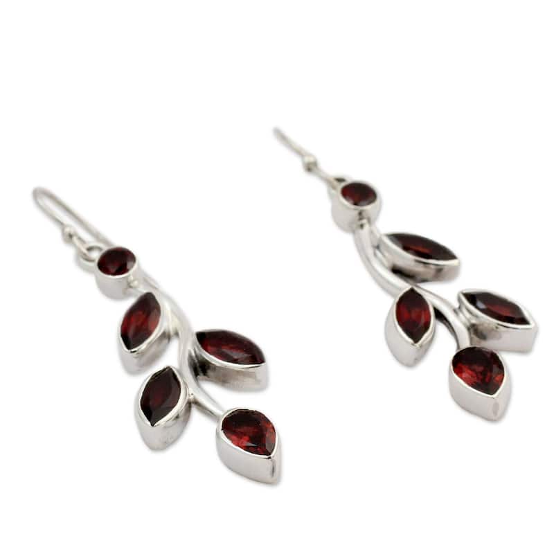 NOVICA Handmade Sterling Silver Scarlet Bouquet Red Garnet Marquise Stone Shape Earrings (India) - 1.9*0.6
