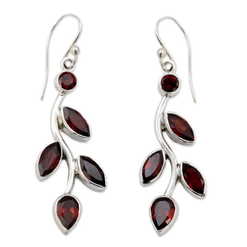 NOVICA Handmade Sterling Silver Scarlet Bouquet Red Garnet Marquise Stone Shape Earrings (India) - 1.9*0.6 - Red - Red - Garnet - White