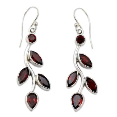 NOVICA Handmade Sterling Silver Scarlet Bouquet Red Garnet Marquise Stone Shape Earrings (India) - 1.9*0.6
