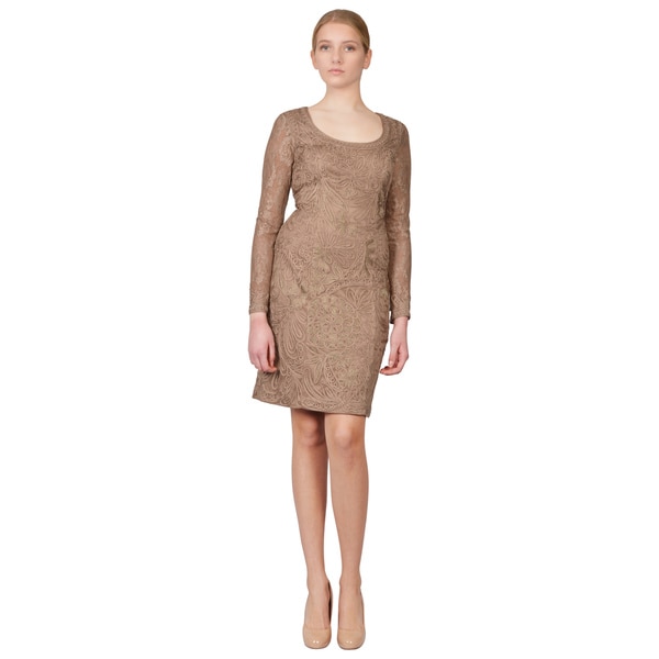 Sue Wong Beige Blush Soutache Embroidered Ribbon Long Sleeve Party