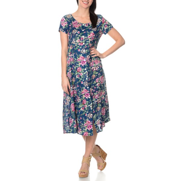 Shop La Cera Women's Navy Floral Printed Button Down Dress - Free ...