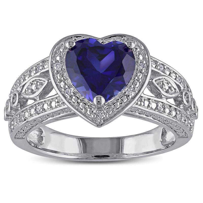 Miadora Sterling Silver Created Blue Sapphire and 1/10ct TDW Diamond Heart Halo Ring