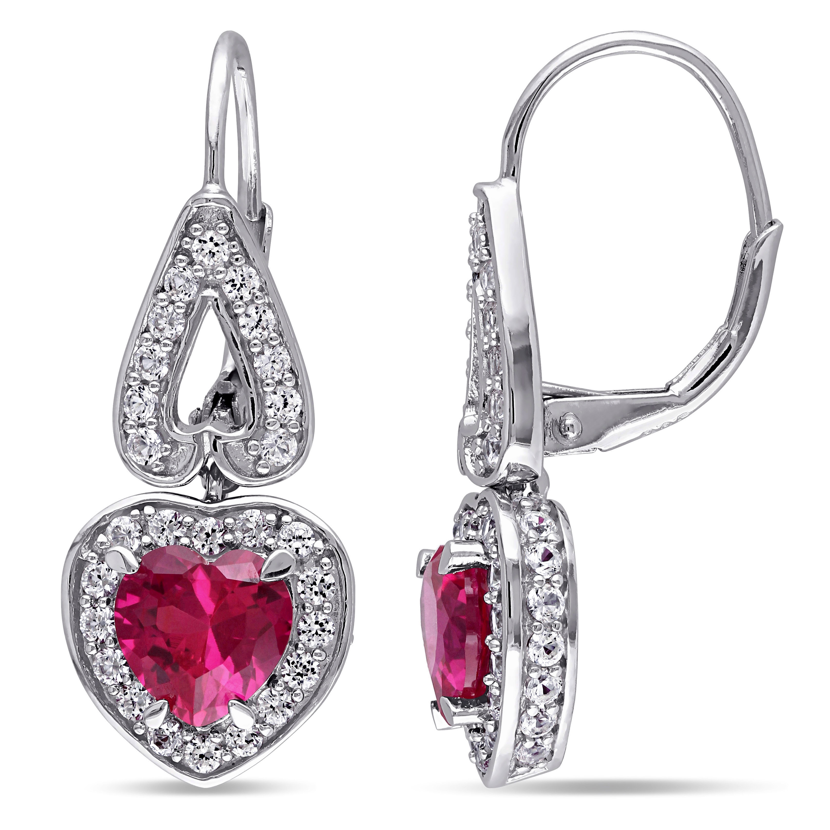 Miadora Sterling Silver Created White Sapphire and Created Ruby Heart Dangle Earrings