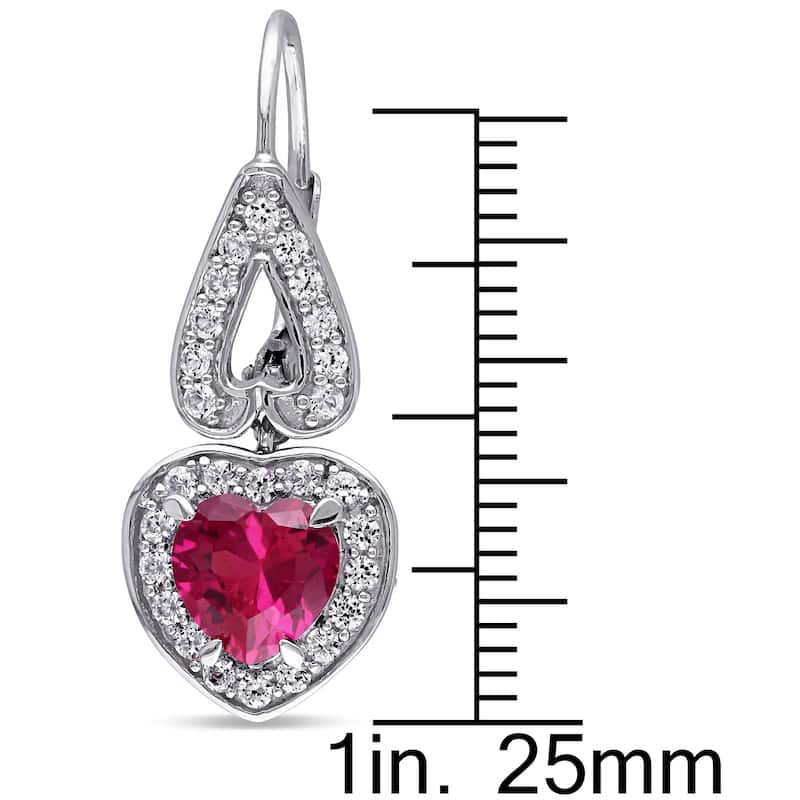 Miadora Sterling Silver Created White Sapphire and Created Ruby Heart Dangle Earrings - Red