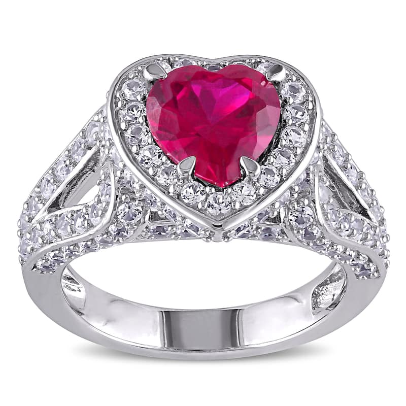 Miadora Sterling Silver Created Ruby and Created White Sapphire Heart Ring - 5