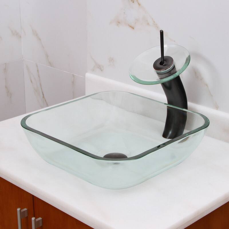 Elite Transparent Square Tempered Glass Bathroom Vessel Sink