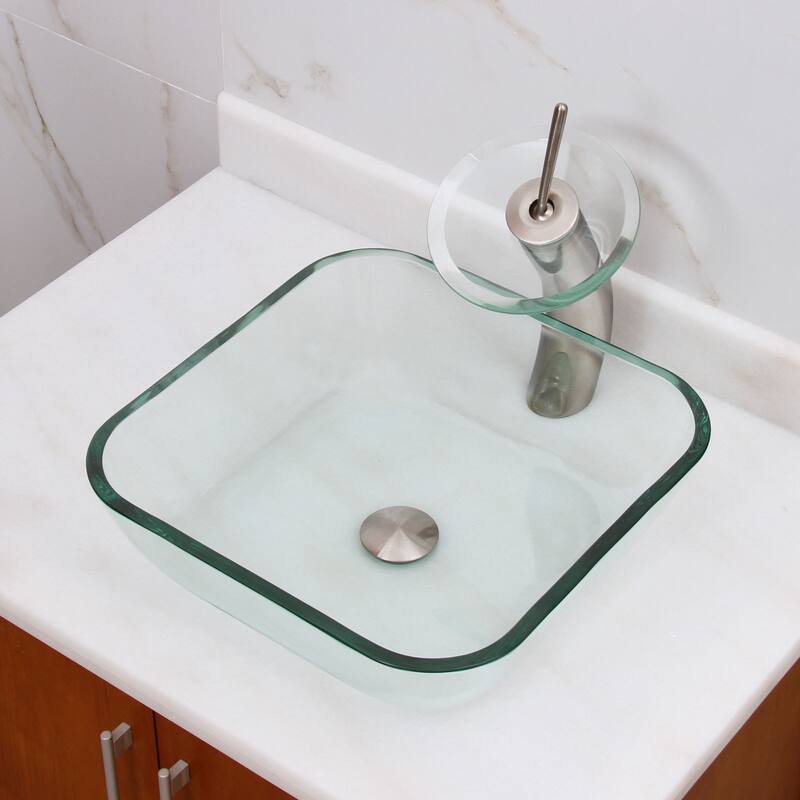 Elite Transparent Square Tempered Glass Bathroom Vessel Sink