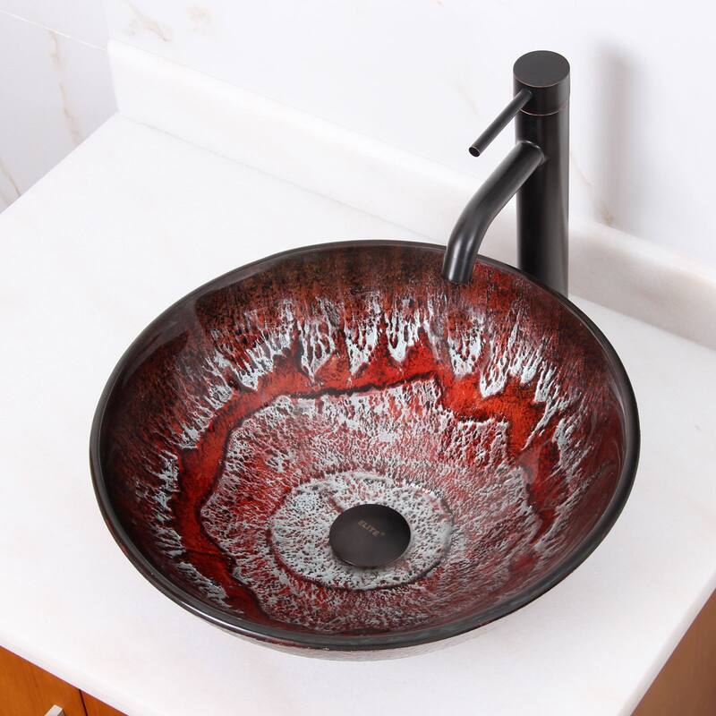 Elite Antarctic Ruby Pattern Tempered Glass Bathroom Vessel Sink