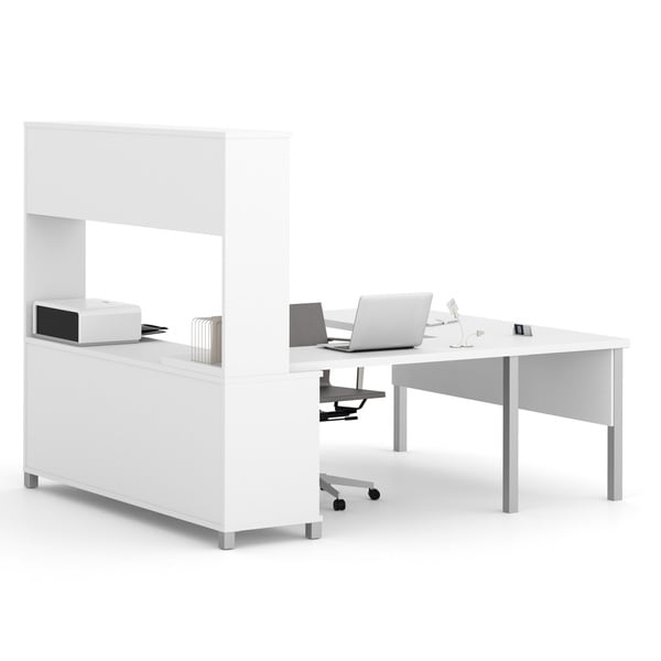 Bestar Pro Linea U Desk With Hutch Bark Grey Computer Armoires Hutches Desks Workstations