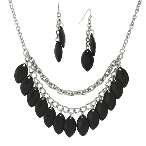 1928 Jewelry Dramatic Silvertone Multi layer Chains with Black Navette Drops Bib Necklace and Earrings Set