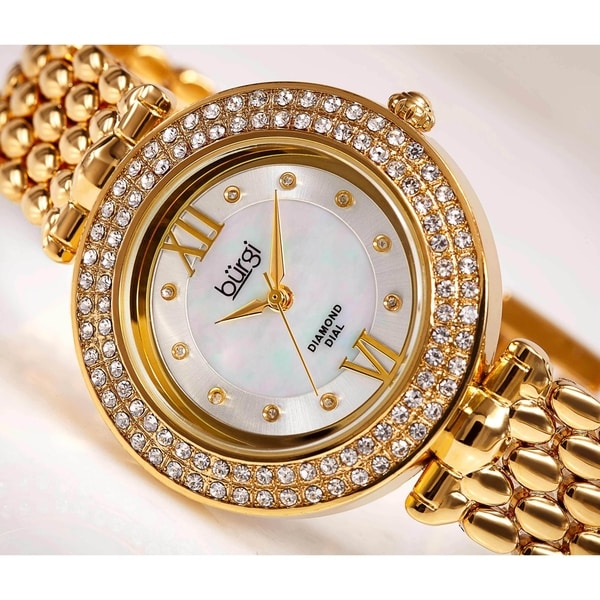 Burgi Women's Swiss Quartz Diamond Markers Alloy Bracelet Watch with FREE Bangle