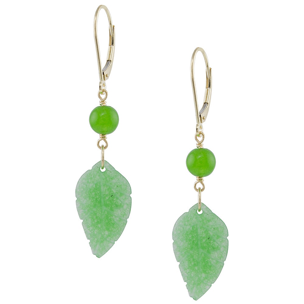 14k Gold Green Jade Leaf Dangle Earrings